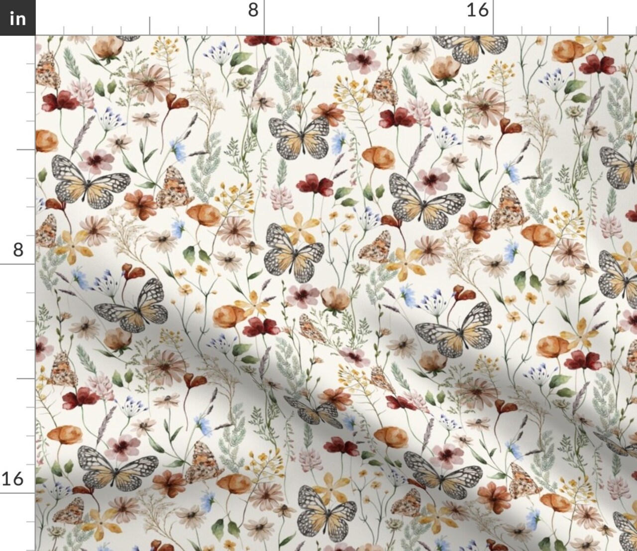 Rustic Floral Neutral Botanical Garden Bloom Meadow Wildflower Butterfly Watercolor Farmhouse Custom Printed Fabric by Spoonflower Various Fabrics by the Yard or Fat Quarter